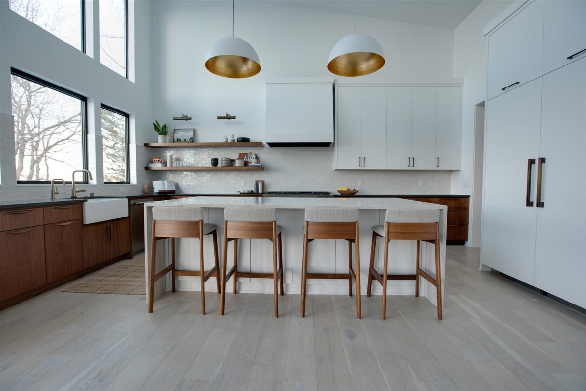 kitchen island and white cupboards