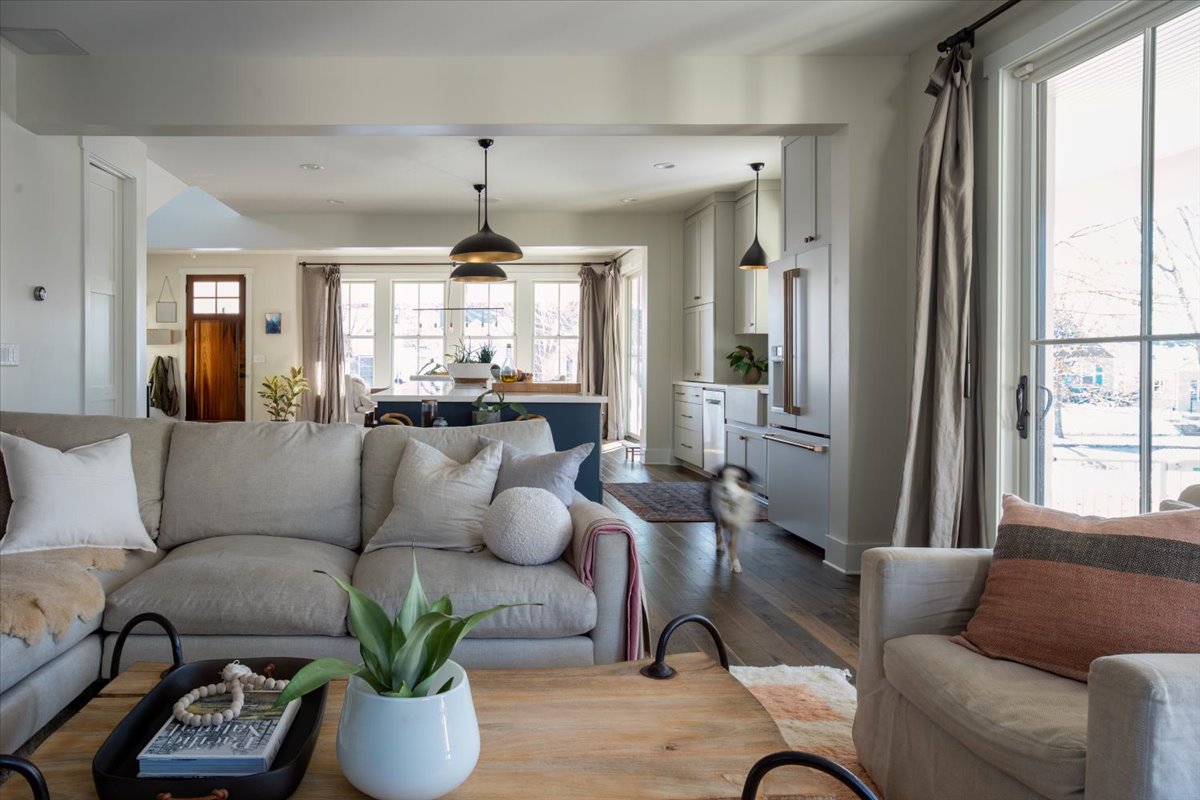 Couch with pillows and coffee table with plant