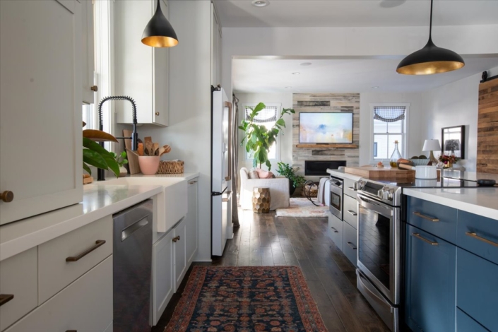 Kitchen, global rug, island with view into family room