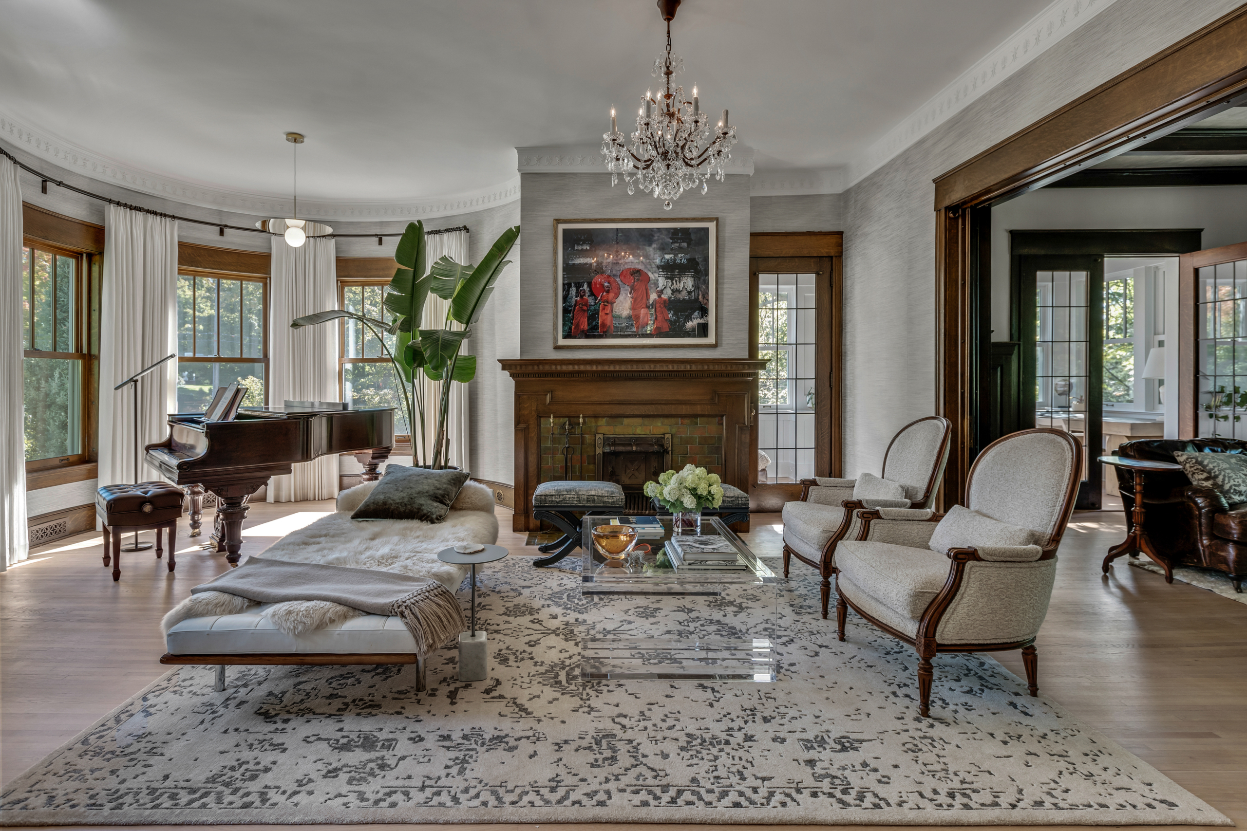 Living room with fireplace and artwork